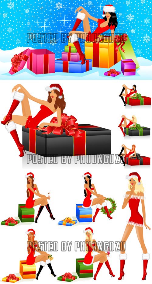 Beautiful snow girls and gifts vector
