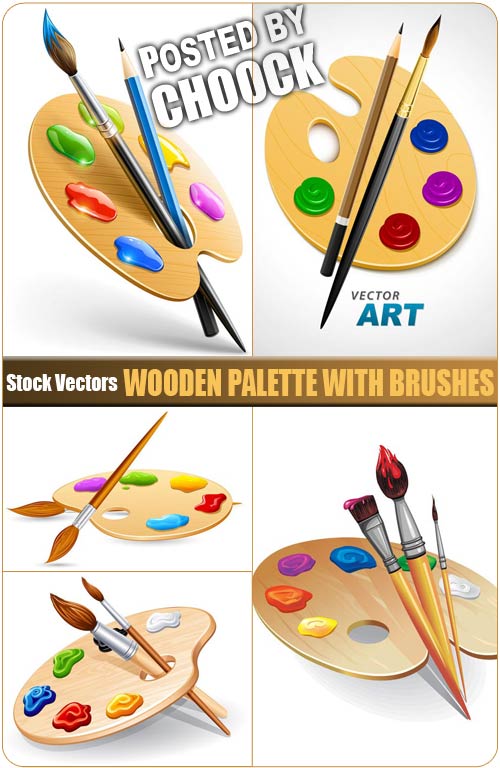 Wooden palette with brushes - Stock Vector